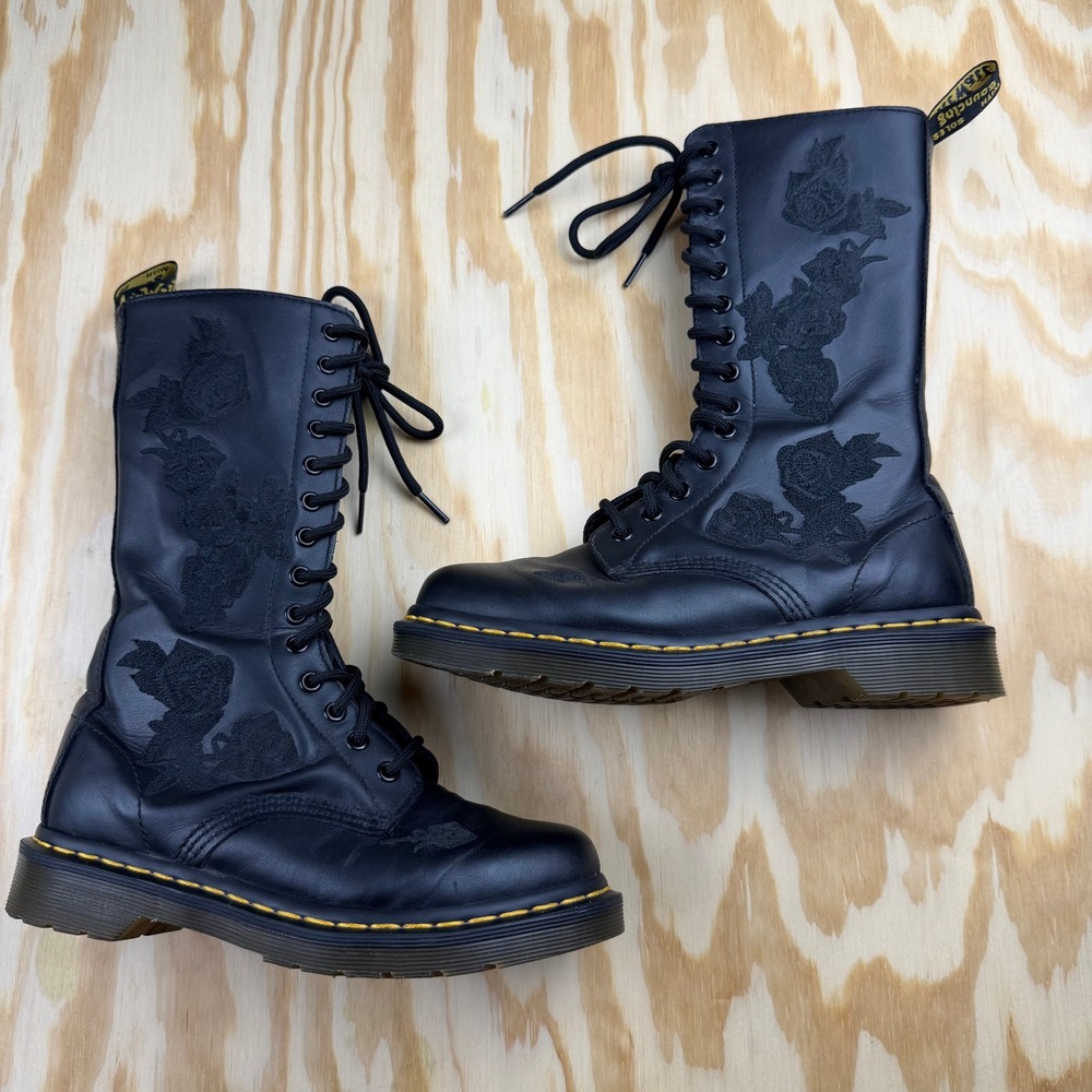 Dr. Martens 1914 Vonda Mono Black Floral Embroidered Tall Boots 6L 4UK 37EU